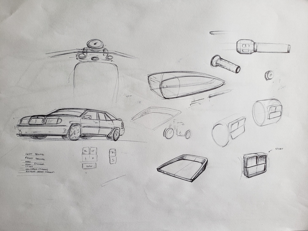 Doodle pen sketches. Mercedes 300E, motorcycle cockpit view, and button form ideas.